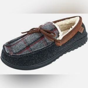 Dearfoams Men's Ethan Woven Plaid and Microwool Moccasin with Tie Slipper
